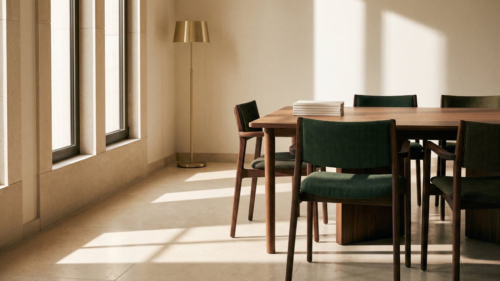 An empty conference room corner with chairs neatly pushed under a table, sunlight across the floor from a tall window.