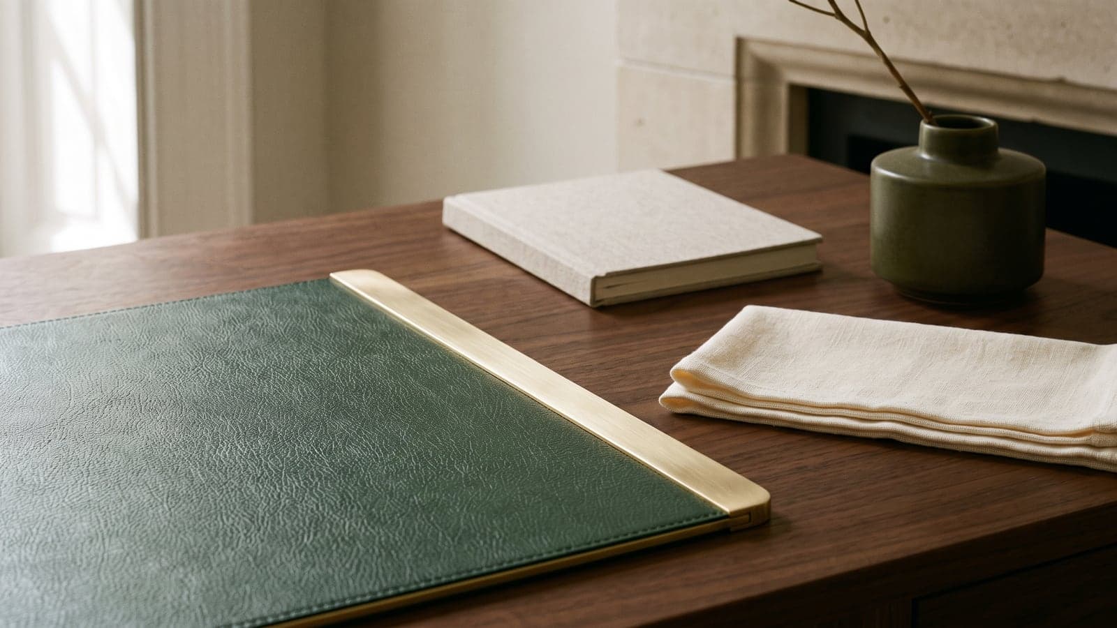 Detail shot of the corner of a well-made leather desk blotter on a dark wood desk, one brass edge catching soft light.