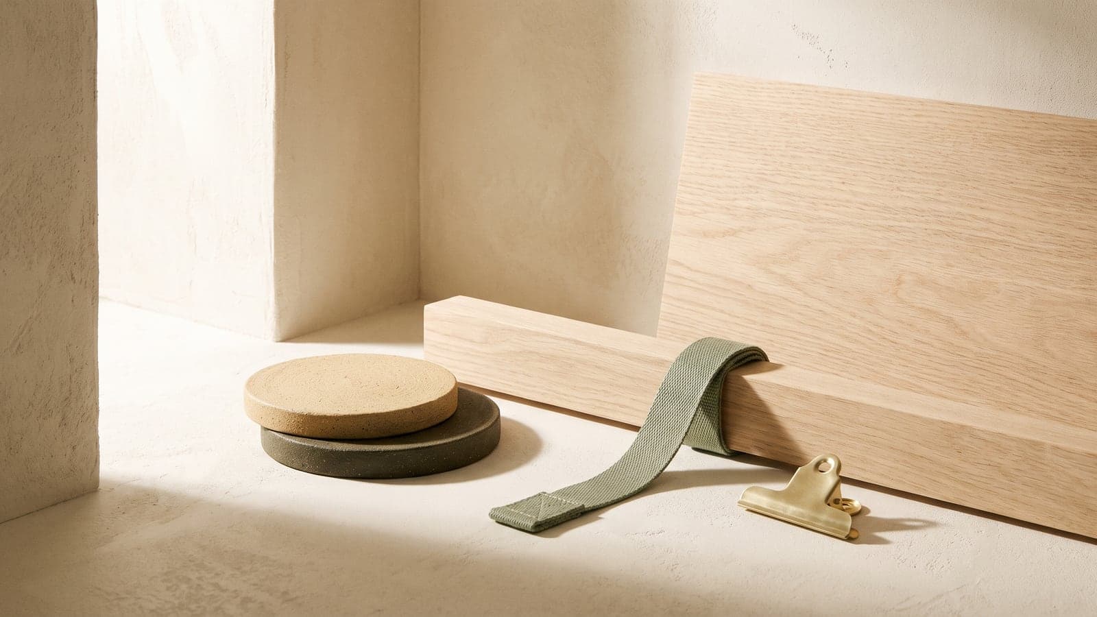 Two stacked clay discs, a sage green strap, a brass clip, and a pale oak plank are arranged on an ivory plaster surface in soft light.