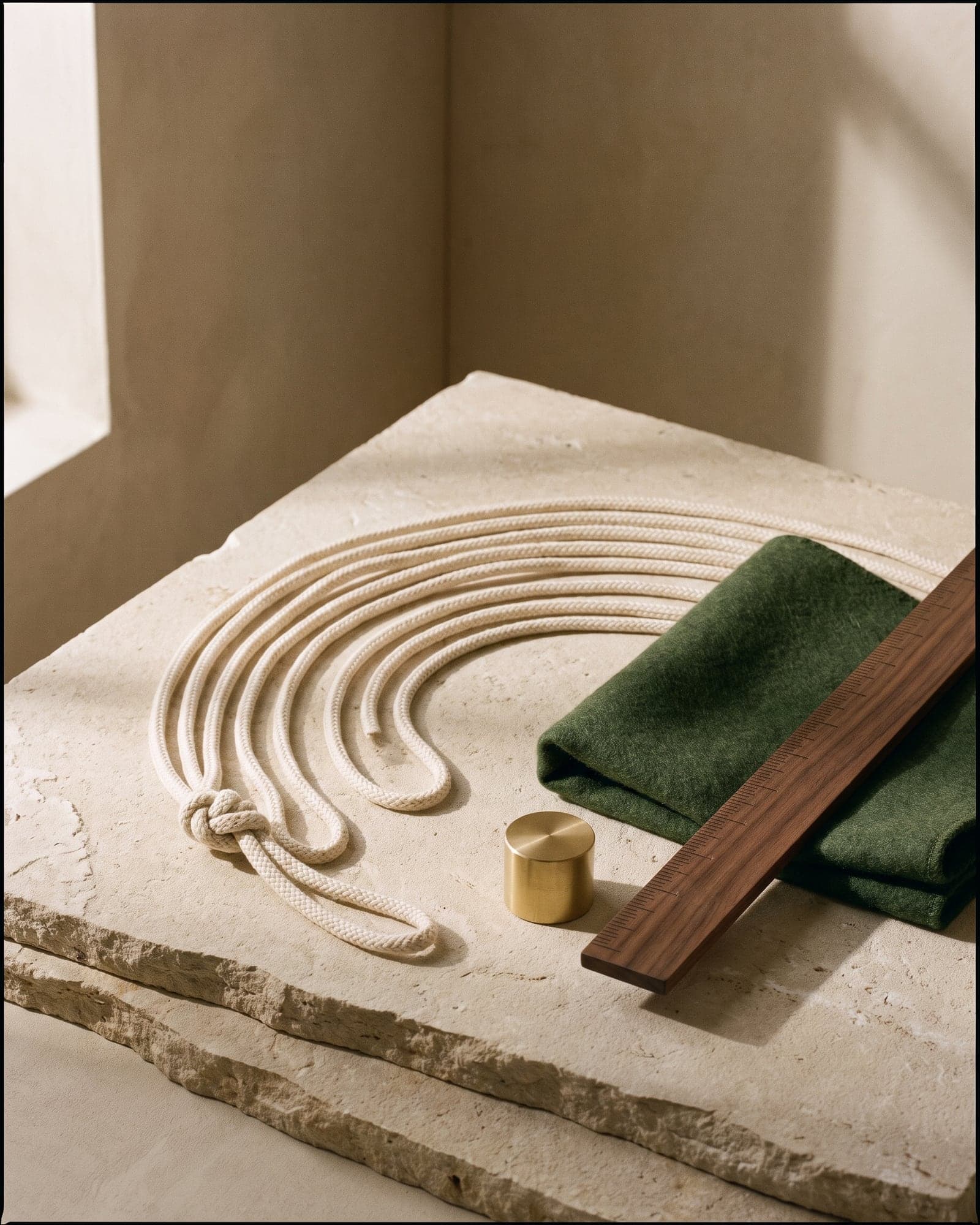 Knotted ivory cord curved beside folded green wool, a walnut edge, and a brass weight on limestone