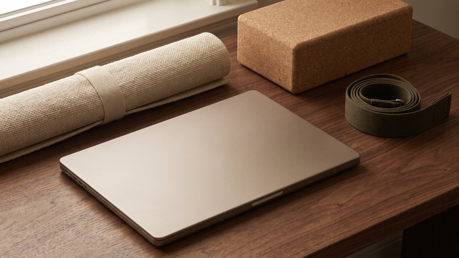 A closed laptop, rolled travel mat, cork block, and strap on a warm oak desk