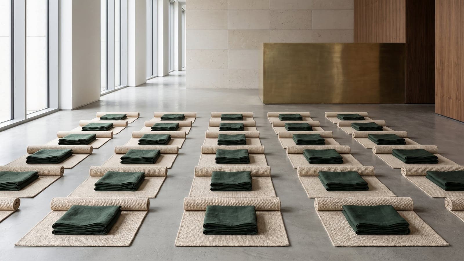 A grid of rolled mats, each with a folded towel, in a large open office space