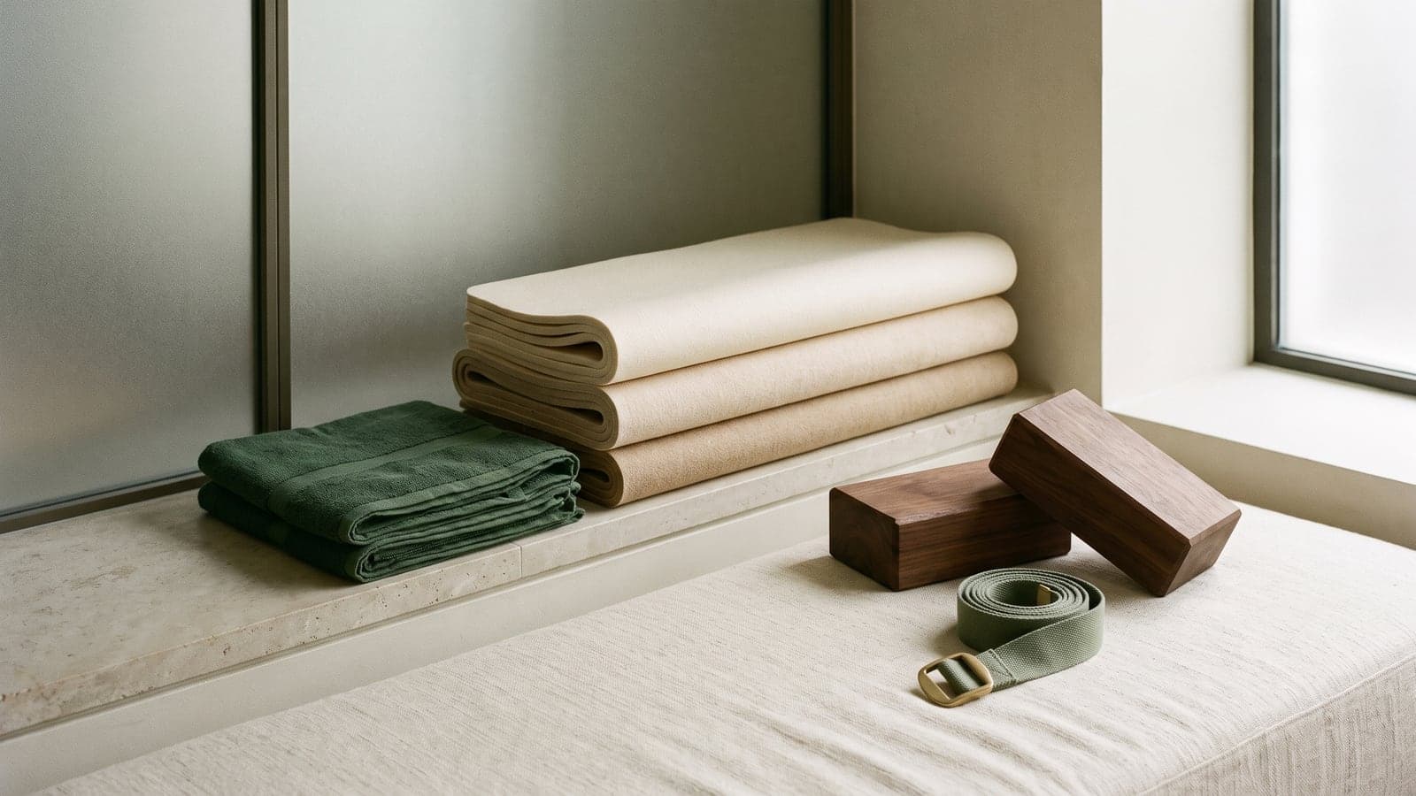 A still life of stacked mats, folded towels, and small props beside a glass office wall