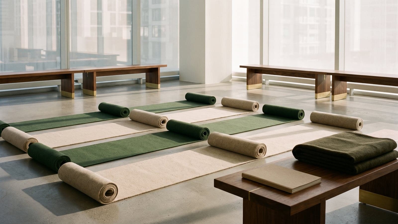 Rows of oat and forest green mats arranged on the floor of a sunlit, premium Manhattan conference room