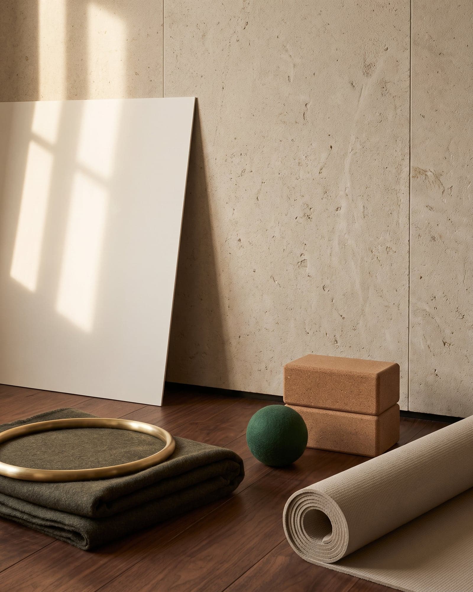 Neutral mat edge and small unbranded props beside a blank light plane