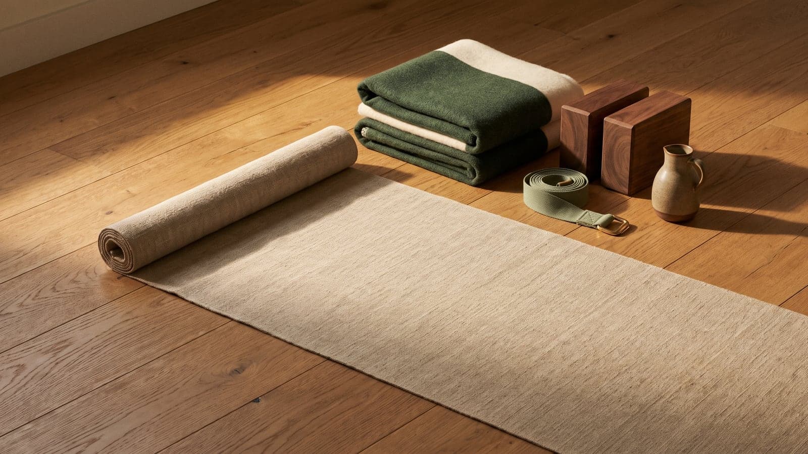 Folded oat textile, neutral block, and strap beside a measured clear floor plane